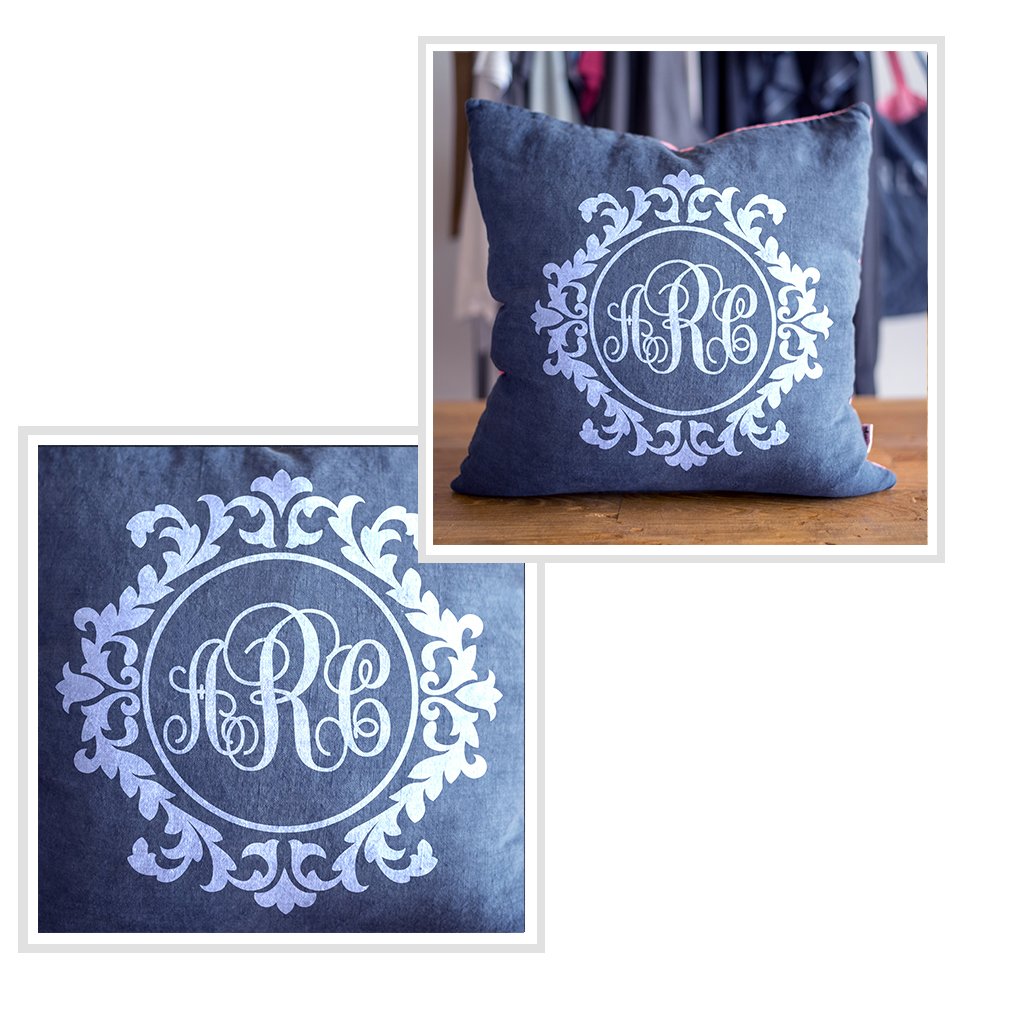 Fancy Monogram Pillow in Heavy Metal Blue